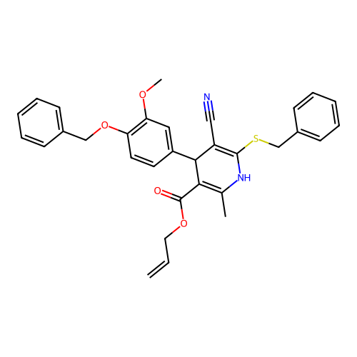 allyl 4-(4-(benzyloxy)-3-methoxyphenyl)-6-(benzylthio)-5-cyano-2-methyl-1,4-dihydropyridine-3-carboxylate structure