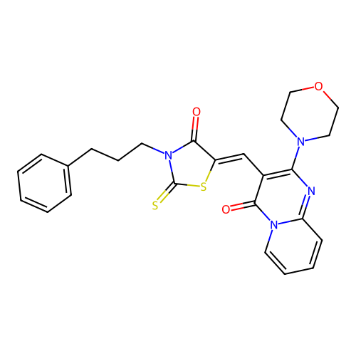 2-(morpholin-4-yl)-3-{(Z)-[4-oxo-3-(3-phenylpropyl)-2-thioxo-1,3-thiazolidin-5-ylidene]methyl}-4H-pyrido[1,2-a]pyrimidin-4-one structure