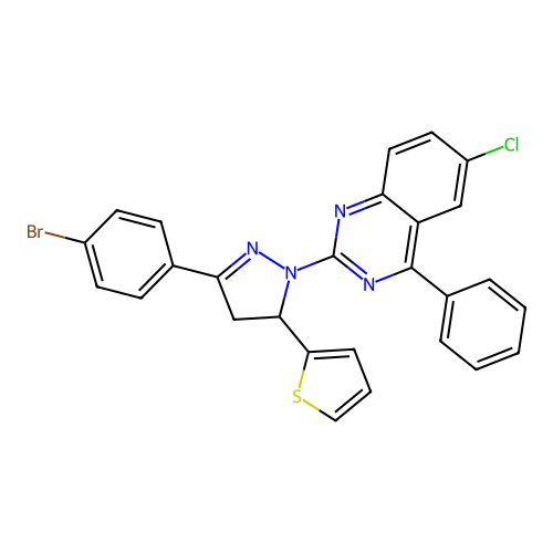 2-(3-(4-bromophenyl)-5-(thiophen-2-yl)-4,5-dihydro-1H-pyrazol-1-yl)-6-chloro-4-phenylquinazoline structure