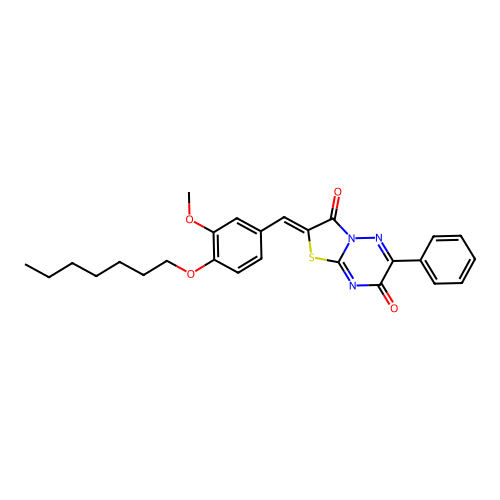 (2Z)-2-[4-(heptyloxy)-3-methoxybenzylidene]-6-phenyl-7H-[1,3]thiazolo[3,2-b][1,2,4]triazine-3,7(2H)-dione structure