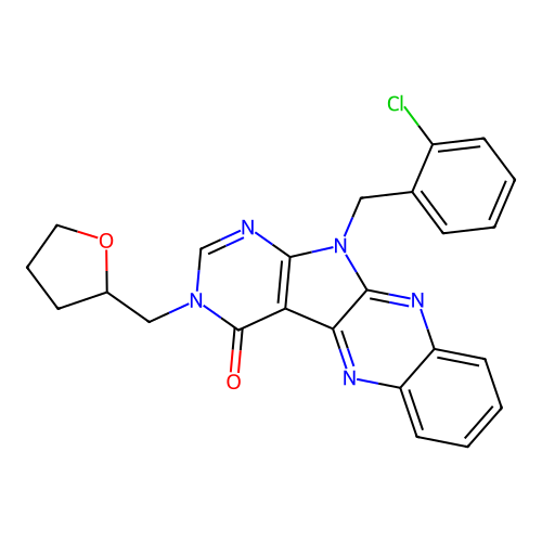 11-(2-chlorobenzyl)-3-((tetrahydrofuran-2-yl)methyl)-3H-pyrimido[5',4':4,5]pyrrolo[2,3-b]quinoxalin-4(11H)-one structure