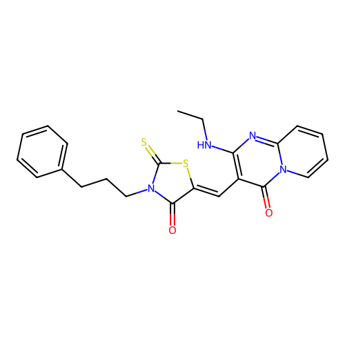 2-(ethylamino)-3-{(Z)-[4-oxo-3-(3-phenylpropyl)-2-thioxo-1,3-thiazolidin-5-ylidene]methyl}-4H-pyrido[1,2-a]pyrimidin-4-one structure