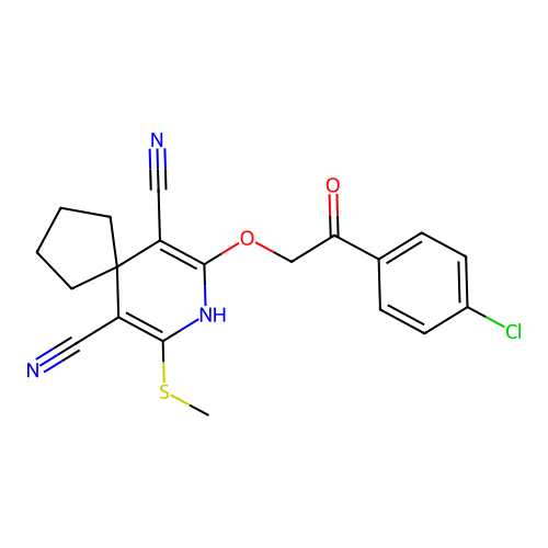 7-[2-(4-chlorophenyl)-2-oxoethoxy]-9-(methylsulfanyl)-8-azaspiro[4.5]deca-6,9-diene-6,10-dicarbonitrile structure