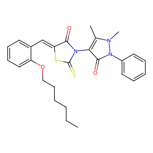 (5Z)-3-(1,5-dimethyl-3-oxo-2-phenylpyrazol-4-yl)-5-[(2-hexoxyphenyl)methylidene]-2-sulfanylidene-1,3-thiazolidin-4-one structure