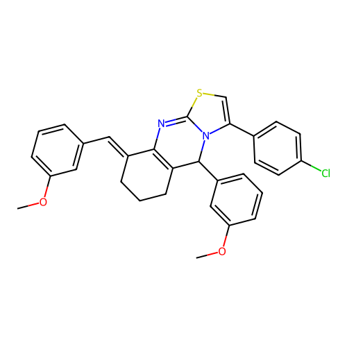 (9E)-3-(4-chlorophenyl)-5-(3-methoxyphenyl)-9-[(3-methoxyphenyl)methylidene]-5,6,7,8-tetrahydro-[1,3]thiazolo[2,3-b]quinazoline structure