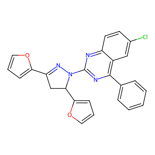 6-chloro-2-(3,5-di(furan-2-yl)-4,5-dihydro-1H-pyrazol-1-yl)-4-phenylquinazoline structure