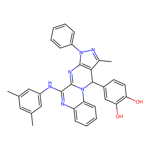 4-(6-((3,5-dimethylphenyl)amino)-10-methyl-8-phenyl-8,11-dihydropyrazolo[3',4':4,5]pyrimido[1,2-a]quinoxalin-11-yl)benzene-1,2-diol structure