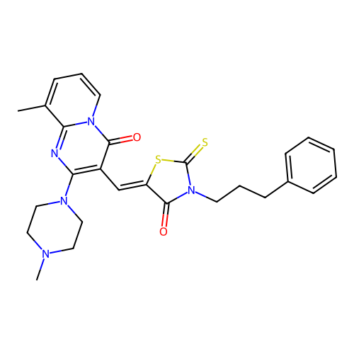 9-methyl-2-(4-methylpiperazin-1-yl)-3-{(Z)-[4-oxo-3-(3-phenylpropyl)-2-thioxo-1,3-thiazolidin-5-ylidene]methyl}-4H-pyrido[1,2-a]pyrimidin-4-one structure