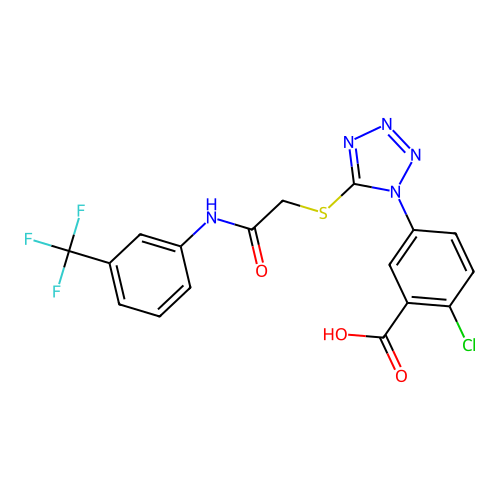 2-chloro-5-(5-((2-oxo-2-((3-(trifluoromethyl)phenyl)amino)ethyl)thio)-1H-tetrazol-1-yl)benzoic acid structure