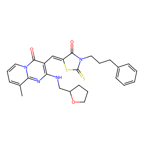 9-methyl-3-{(Z)-[4-oxo-3-(3-phenylpropyl)-2-thioxo-1,3-thiazolidin-5-ylidene]methyl}-2-[(tetrahydrofuran-2-ylmethyl)amino]-4H-pyrido[1,2-a]pyrimidin-4-one structure