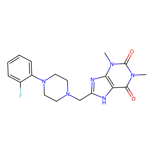 8-[[4-(2-fluorophenyl)piperazin-1-yl]methyl]-1,3-dimethyl-7H-purine-2,6-dione structure