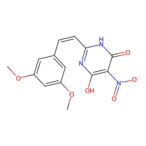 2-[(Z)-2-(3,5-dimethoxyphenyl)ethenyl]-6-hydroxy-5-nitropyrimidin-4(3H)-one structure