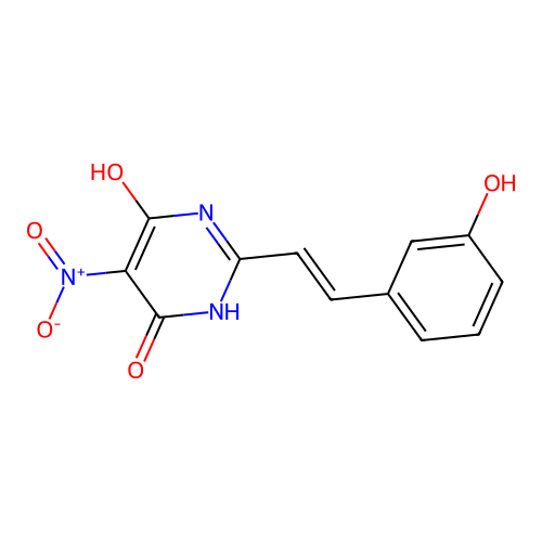(Z)-6-hydroxy-2-(3-hydroxystyryl)-5-nitropyrimidin-4(3H)-one structure