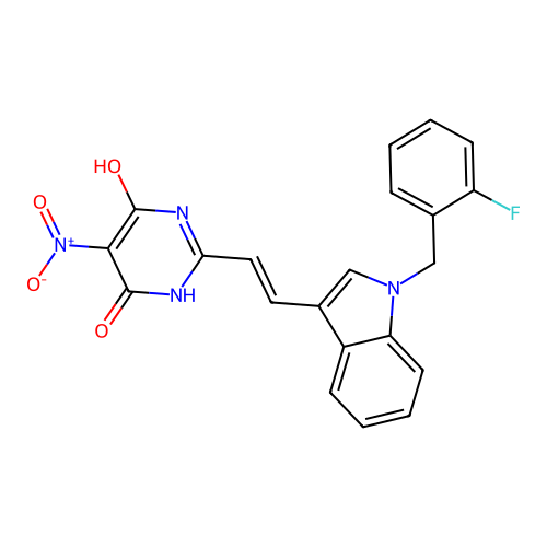 2-{(E)-2-[1-(2-fluorobenzyl)-1H-indol-3-yl]ethenyl}-5-nitropyrimidine-4,6-diol structure