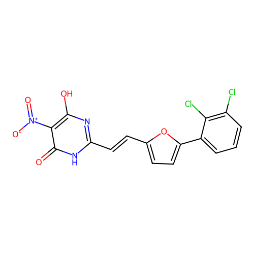 2-{(E)-2-[5-(2,3-dichlorophenyl)furan-2-yl]ethenyl}-5-nitropyrimidine-4,6-diol structure