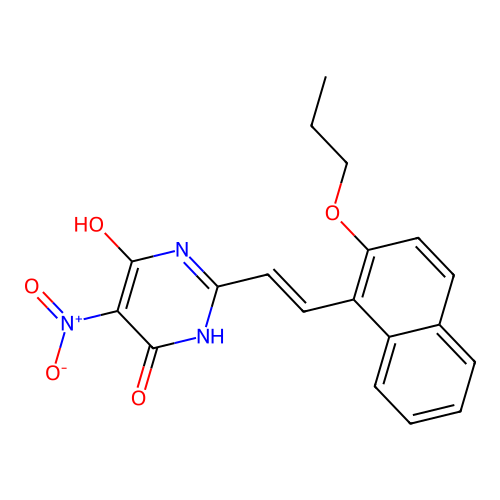 (E)-6-hydroxy-5-nitro-2-(2-(2-propoxynaphthalen-1-yl)vinyl)pyrimidin-4(3H)-one structure