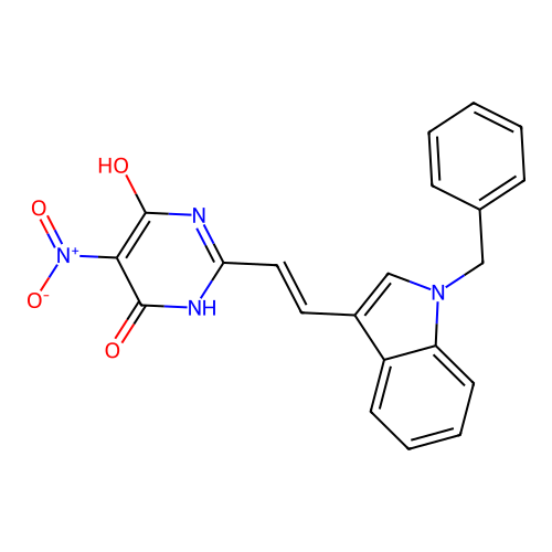 2-[(E)-2-(1-benzyl-1H-indol-3-yl)ethenyl]-6-hydroxy-5-nitropyrimidin-4(3H)-one structure