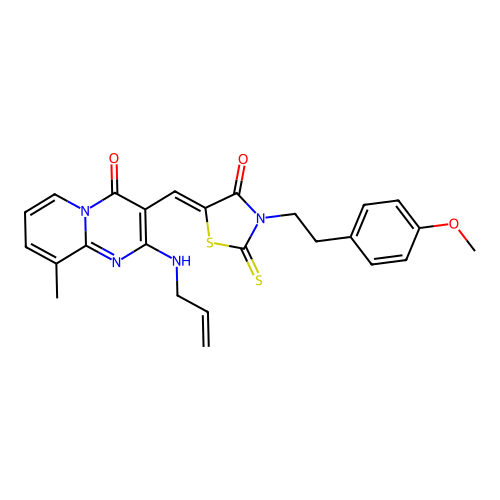 (Z)-5-((2-(allylamino)-9-methyl-4-oxo-4H-pyrido[1,2-a]pyrimidin-3-yl)methylene)-3-(4-methoxyphenethyl)-2-thioxothiazolidin-4-one structure