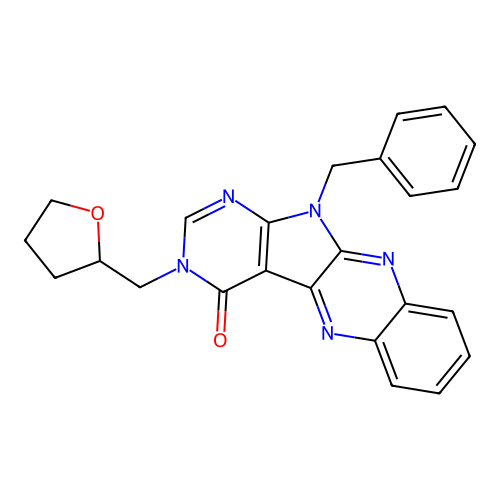 11-benzyl-3-((tetrahydrofuran-2-yl)methyl)-3H-pyrimido[5',4':4,5]pyrrolo[2,3-b]quinoxalin-4(11H)-one structure
