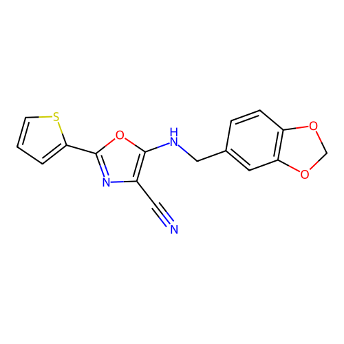 5-[(1,3-benzodioxol-5-ylmethyl)amino]-2-(thiophen-2-yl)-1,3-oxazole-4-carbonitrile structure