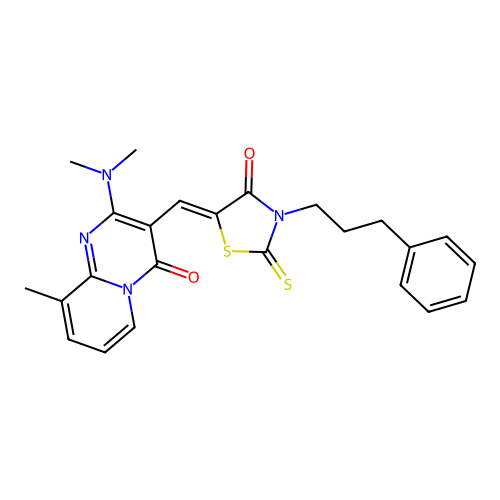 2-(dimethylamino)-9-methyl-3-{(Z)-[4-oxo-3-(3-phenylpropyl)-2-thioxo-1,3-thiazolidin-5-ylidene]methyl}-4H-pyrido[1,2-a]pyrimidin-4-one structure