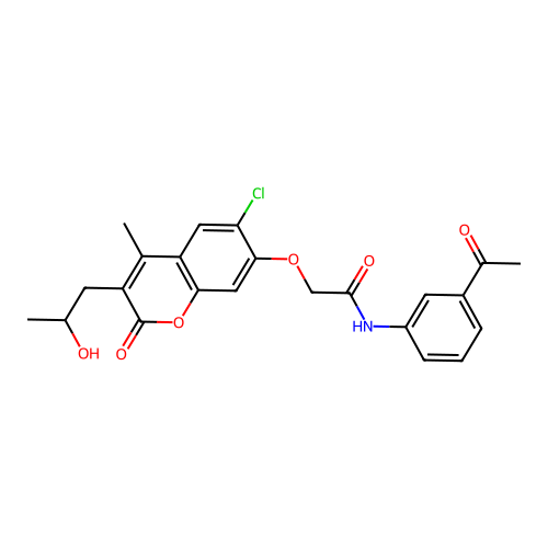 N-(3-acetylphenyl)-2-[6-chloro-3-(2-hydroxypropyl)-4-methyl-2-oxochromen-7-yl]oxyacetamide structure