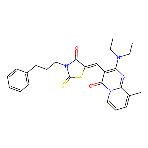 2-(diethylamino)-9-methyl-3-{(Z)-[4-oxo-3-(3-phenylpropyl)-2-thioxo-1,3-thiazolidin-5-ylidene]methyl}-4H-pyrido[1,2-a]pyrimidin-4-one structure