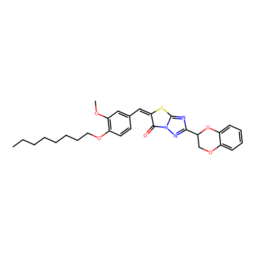 (5E)-2-(2,3-dihydro-1,4-benzodioxin-2-yl)-5-[3-methoxy-4-(octyloxy)benzylidene][1,3]thiazolo[3,2-b][1,2,4]triazol-6(5H)-one structure