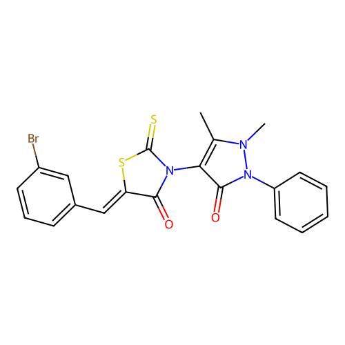 (5Z)-5-(3-bromobenzylidene)-3-(1,5-dimethyl-3-oxo-2-phenyl-2,3-dihydro-1H-pyrazol-4-yl)-2-thioxo-1,3-thiazolidin-4-one structure