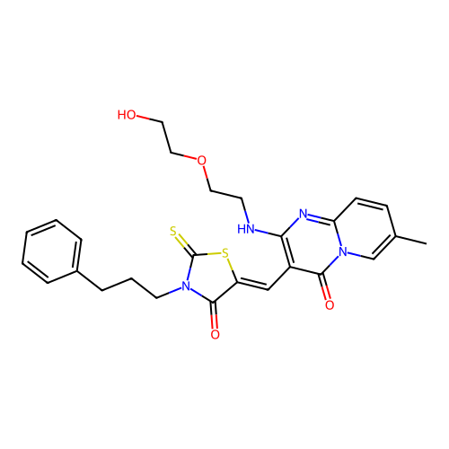 (Z)-5-((2-((2-(2-hydroxyethoxy)ethyl)amino)-7-methyl-4-oxo-4H-pyrido[1,2-a]pyrimidin-3-yl)methylene)-3-(3-phenylpropyl)-2-thioxothiazolidin-4-one structure