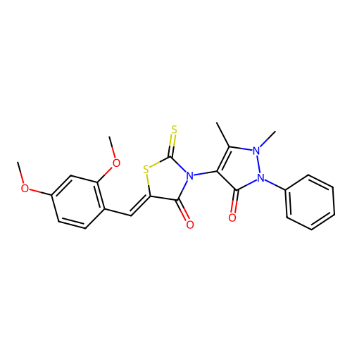 (5Z)-5-[(2,4-dimethoxyphenyl)methylidene]-3-(1,5-dimethyl-3-oxo-2-phenylpyrazol-4-yl)-2-sulfanylidene-1,3-thiazolidin-4-one structure