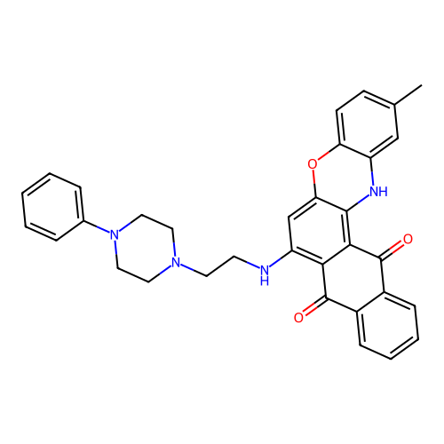 2-methyl-7-((2-(4-phenylpiperazin-1-yl)ethyl)amino)-8H-naphtho[2,3-a]phenoxazine-8,13(14H)-dione structure