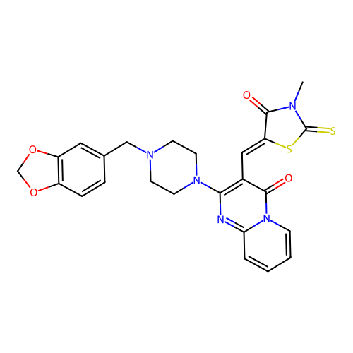 2-[4-(1,3-benzodioxol-5-ylmethyl)piperazin-1-yl]-3-[(Z)-(3-methyl-4-oxo-2-thioxo-1,3-thiazolidin-5-ylidene)methyl]-4H-pyrido[1,2-a]pyrimidin-4-one structure