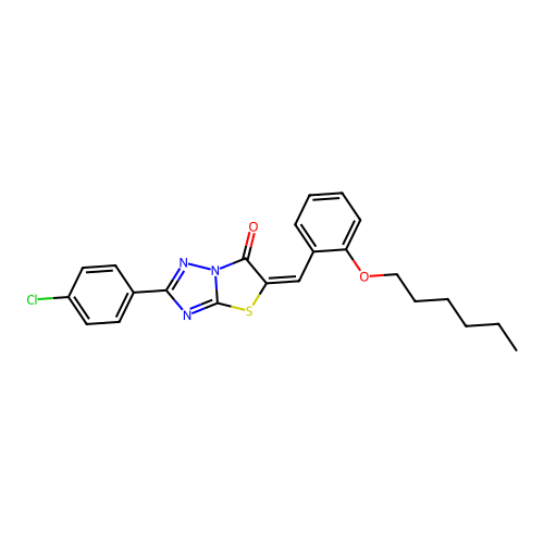 (E)-2-(4-chlorophenyl)-5-(2-(hexyloxy)benzylidene)thiazolo[3,2-b][1,2,4]triazol-6(5H)-one structure
