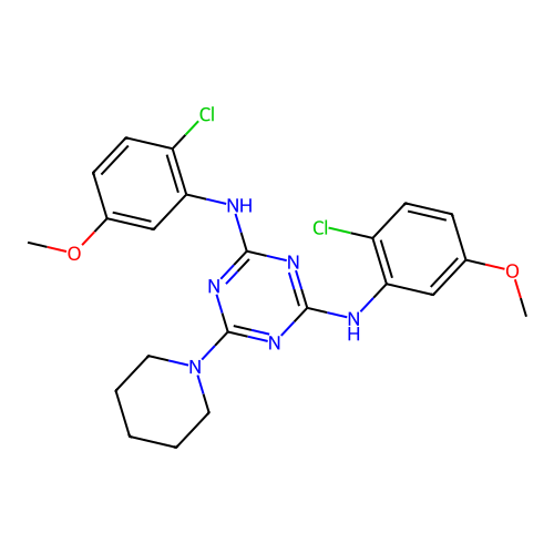 N,N'-bis(2-chloro-5-methoxyphenyl)-6-(piperidin-1-yl)-1,3,5-triazine-2,4-diamine structure