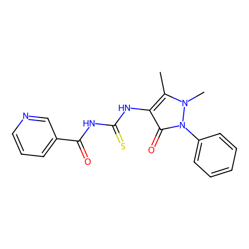 N-((1,5-dimethyl-3-oxo-2-phenyl-2,3-dihydro-1H-pyrazol-4-yl)carbamothioyl)nicotinamide structure