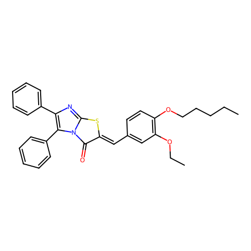 (2Z)-2-[3-ethoxy-4-(pentyloxy)benzylidene]-5,6-diphenylimidazo[2,1-b][1,3]thiazol-3(2H)-one structure
