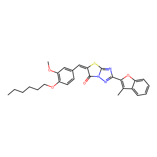 (E)-5-(4-(hexyloxy)-3-methoxybenzylidene)-2-(3-methylbenzofuran-2-yl)thiazolo[3,2-b][1,2,4]triazol-6(5H)-one structure