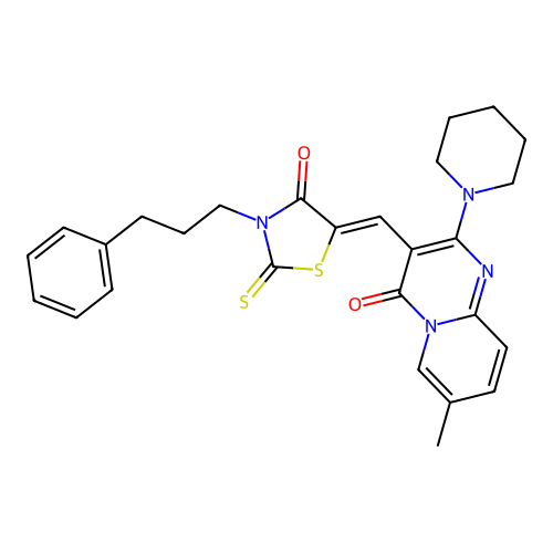 7-methyl-3-{(Z)-[4-oxo-3-(3-phenylpropyl)-2-thioxo-1,3-thiazolidin-5-ylidene]methyl}-2-(piperidin-1-yl)-4H-pyrido[1,2-a]pyrimidin-4-one structure