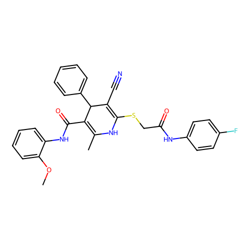 5-cyano-6-((2-((4-fluorophenyl)amino)-2-oxoethyl)thio)-N-(2-methoxyphenyl)-2-methyl-4-phenyl-1,4-dihydropyridine-3-carboxamide structure