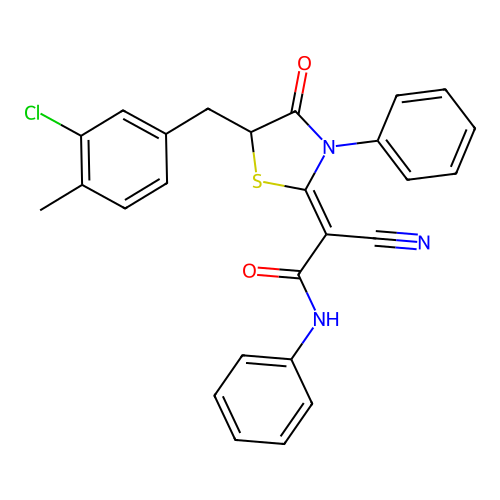 (2Z)-2-[5-(3-chloro-4-methylbenzyl)-4-oxo-3-phenyl-1,3-thiazolidin-2-ylidene]-2-cyano-N-phenylethanamide structure