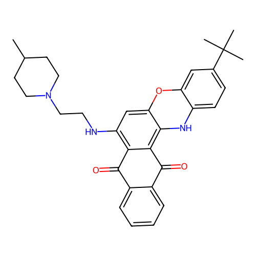 3-(tert-butyl)-7-((2-(4-methylpiperidin-1-yl)ethyl)amino)-8H-naphtho[2,3-a]phenoxazine-8,13(14H)-dione structure
