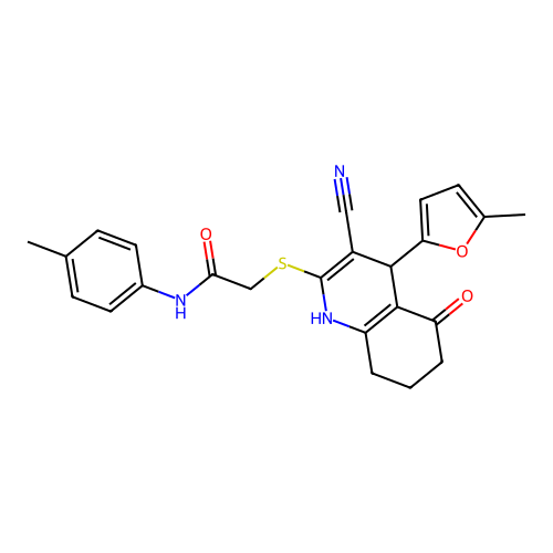 2-((3-cyano-4-(5-methylfuran-2-yl)-5-oxo-1,4,5,6,7,8-hexahydroquinolin-2-yl)thio)-N-(p-tolyl)acetamide structure