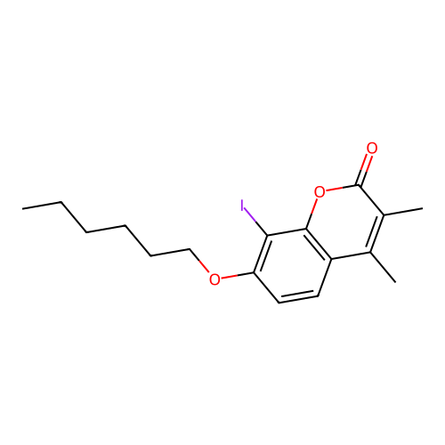 7-(hexyloxy)-8-iodo-3,4-dimethyl-2H-chromen-2-one structure