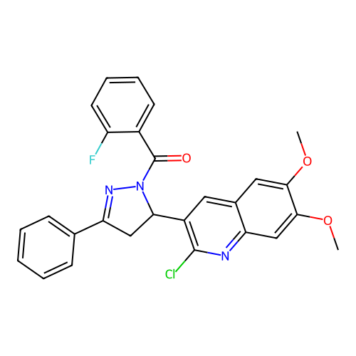 (5-(2-chloro-6,7-dimethoxyquinolin-3-yl)-3-phenyl-4,5-dihydro-1H-pyrazol-1-yl)(2-fluorophenyl)methanone structure