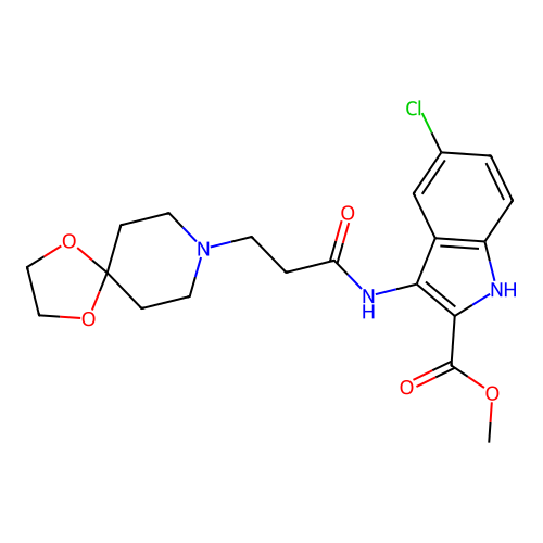 Methyl 5-chloro-3-[3-(1,4-dioxa-8-azaspiro[4.5]decan-8-yl)propanoylamino]-1H-indole-2-carboxylate structure