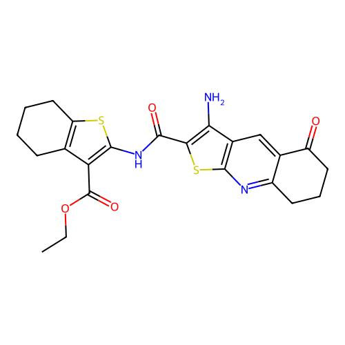 ethyl 2-(3-amino-5-oxo-5,6,7,8-tetrahydrothieno[2,3-b]quinoline-2-carboxamido)-4,5,6,7-tetrahydrobenzo[b]thiophene-3-carboxylate structure