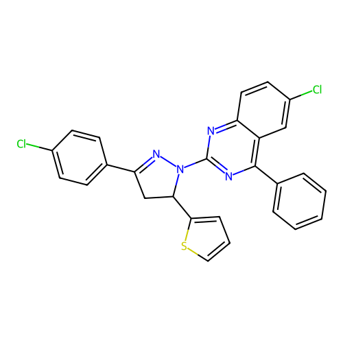 6-chloro-2-(3-(4-chlorophenyl)-5-(thiophen-2-yl)-4,5-dihydro-1H-pyrazol-1-yl)-4-phenylquinazoline structure