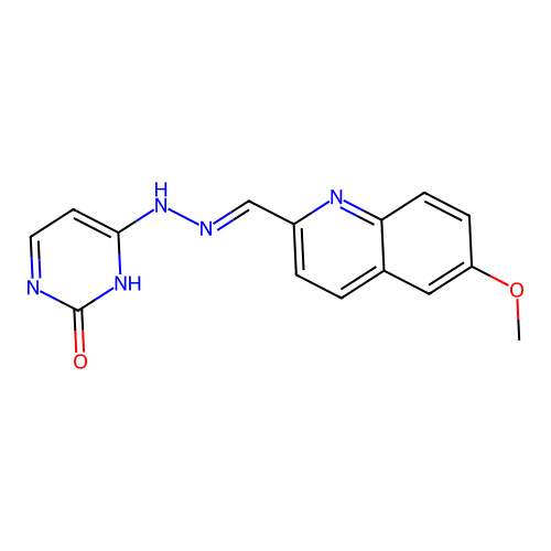 4-{(2E)-2-[(6-methoxyquinolin-2-yl)methylidene]hydrazinyl}pyrimidin-2(1H)-one structure
