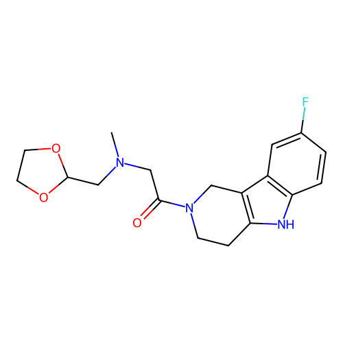 2-(((1,3-dioxolan-2-yl)methyl)(methyl)amino)-1-(8-fluoro-3,4-dihydro-1H-pyrido[4,3-b]indol-2(5H)-yl)ethanone structure